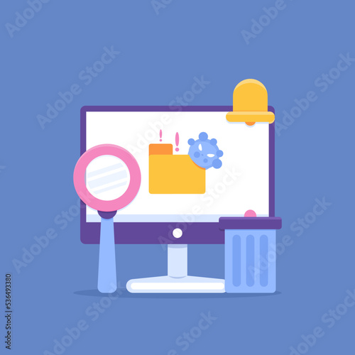 concept of anti-virus or anti-malware software. scan for computer finds and removes viruses hiding in files or in folders. find and delete viruses. magnifying glass, monitor, trash can. design element