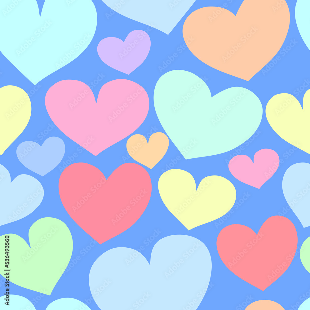 Geometric seamless pattern colorful pastel cute heart in bright blue background. Design for love romance, celebration, wedding, Valentine's Day themes.