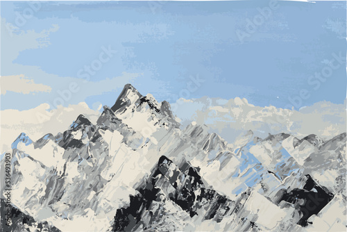 Mountain winter landscape. Vector illustration, background in blue and white colors.