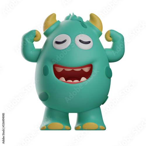 3D Illustration. 3D Cute Monster cartoon showing his muscles. shows a laughing expression showing teeth. with closed eyes. 3D Cartoon Character