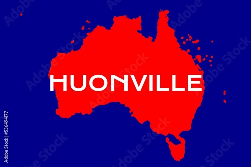 Huonville: Name der australischen Stadt Huonville im Bundesstaat Tasmania mit den Umrissen des Landes im Hintergrund photo