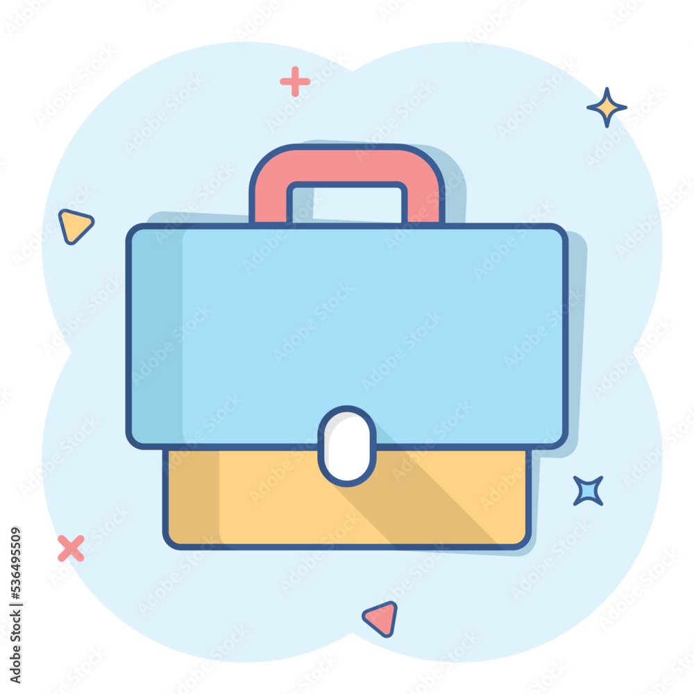 Briefcase sign icon in comic style. Suitcase vector cartoon illustration on white isolated background. Baggage business concept splash effect. Briefcase sign icon in comic style. Suitcase vector cartoon illustration on white isolated background. Baggage business concept splash effect.