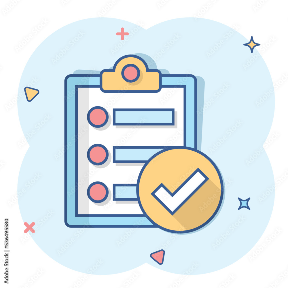 Checklist document sign icon in comic style. Survey vector cartoon ...