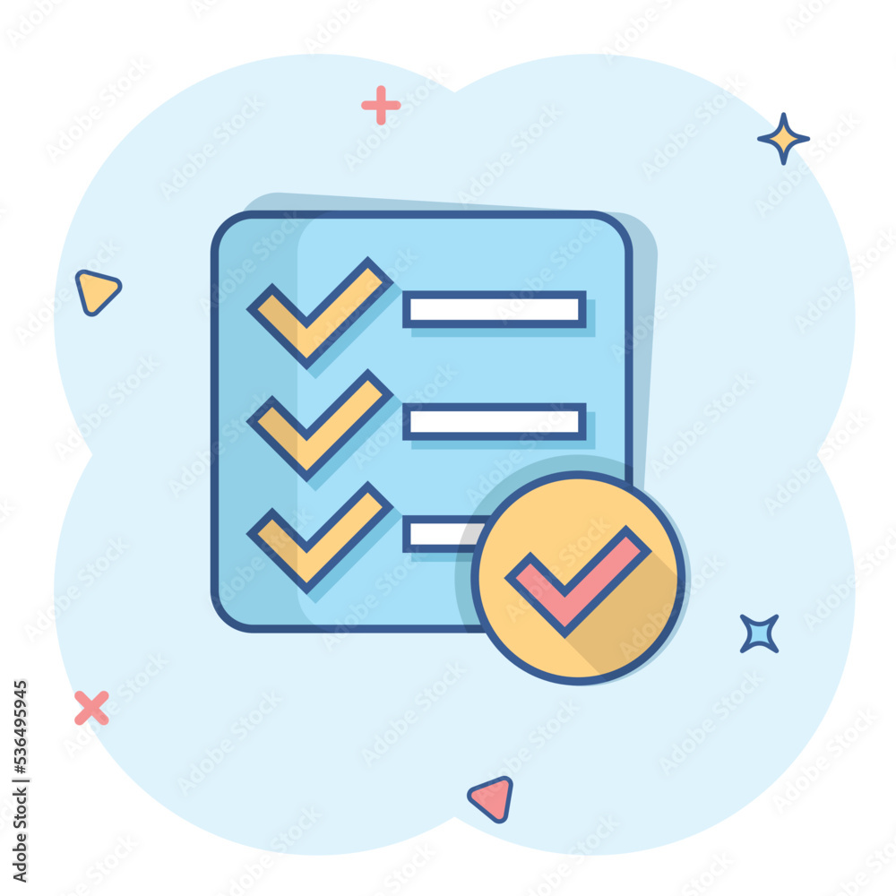 Checklist document sign icon in comic style. Survey vector cartoon ...