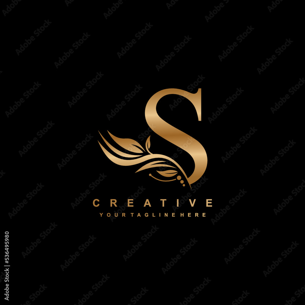 gold letter S logo design with luxurious and beautiful leaf ornament. S ...