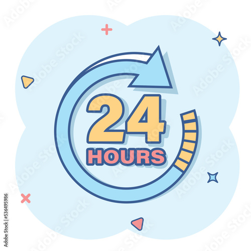 24 hours clock sign icon in comic style. Twenty four hour open vector cartoon illustration on white isolated background. Timetable business concept splash effect.