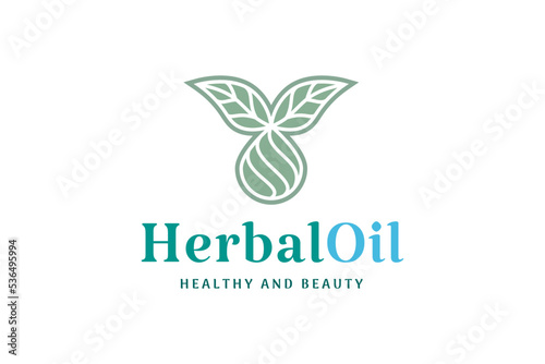 health and beauty logo with leaf shape and oil or liquid drop