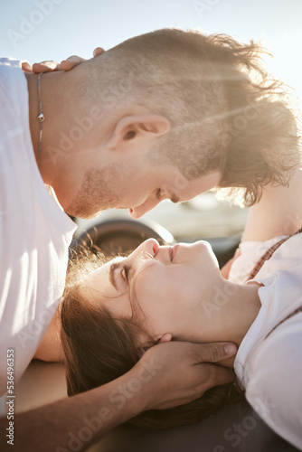 Couple, closeup and face on with love, happiness and smile together on road trip. Man, woman and happy with romance outdoor on travel, holiday or vacation for celebration, honeymoon or marriage