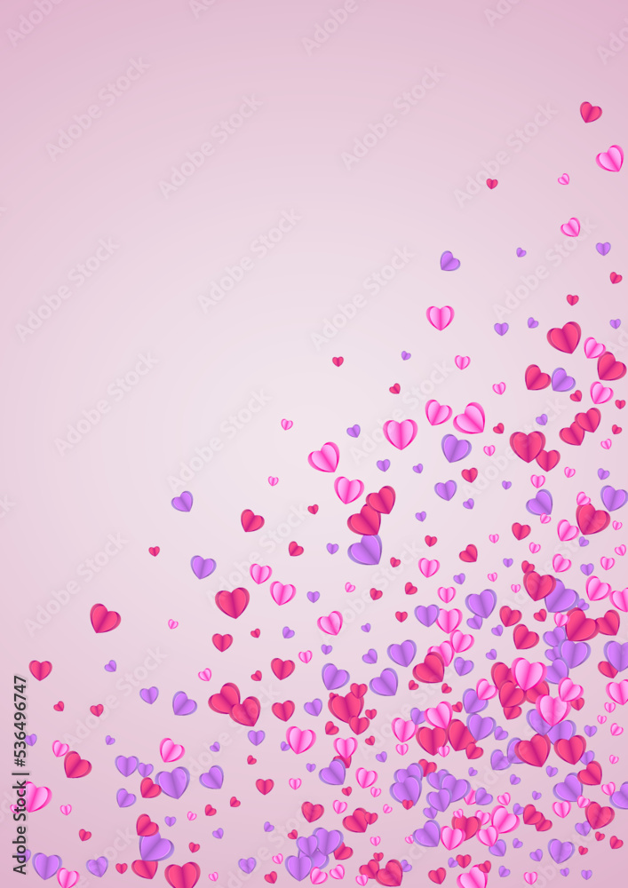 Lilac Heart Background Pink Vector. Valentine Illustration Confetti. Red Falling Backdrop. Pinkish Heart Design Frame. Purple Color Pattern.