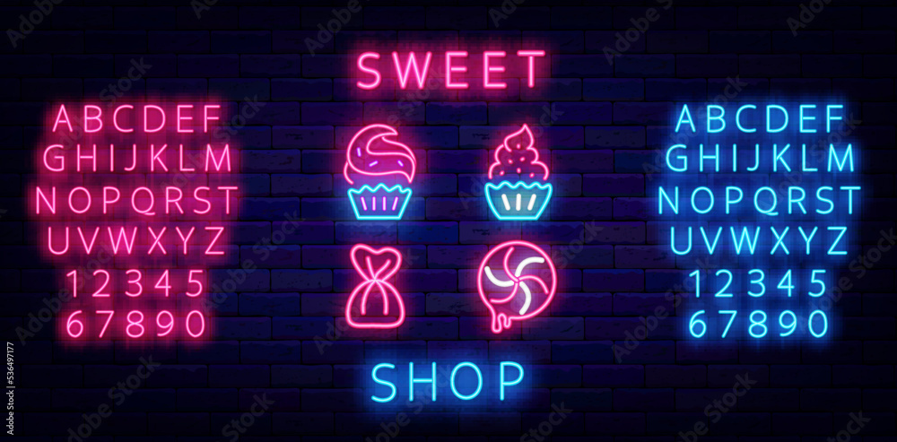 Sweet shop neon icons collection. Cupcake, candy sign. Glowing emblem. Blue and pink alphabet. Vector illustration