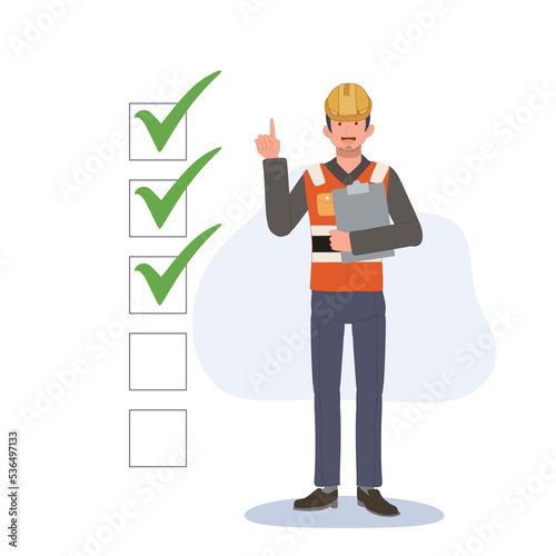 Check mark, construction site worker, Engineer with whitelist board. remind your checklist concept. Vector illustration