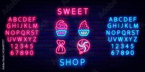 Sweet shop neon icons collection. Cupcake, candy sign. Glowing emblem. Blue and pink alphabet. Vector illustration