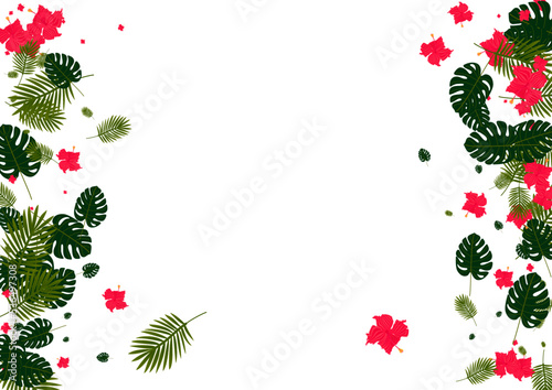 Fototapeta Naklejka Na Ścianę i Meble -  Light Green Leaves Background White Vector. Monstera Hawaiian Backdrop. Red Strelitzia. Hawaii Texture. Yellow Paradise Design.