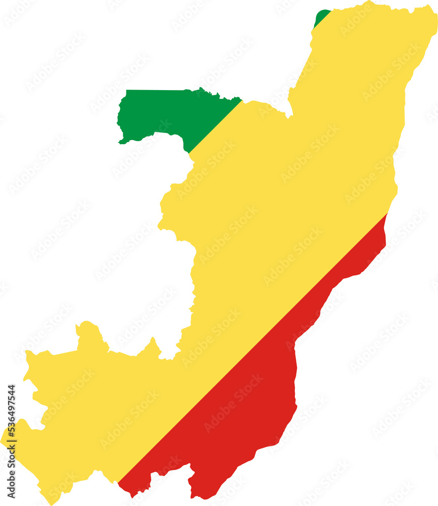 Fototapeta premium Republic of the Congo Map Flag. Congo-Brazzaville Border Boundary Country Shape Nation National Outline Atlas Flag Sign Symbol Banner. Congolese Transparent PNG Flattened JPG Flat JPEG
