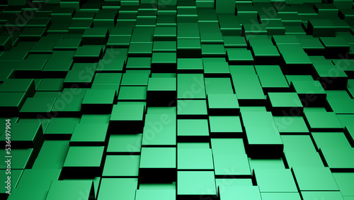 Shifted metallic floor tiles or square cubes abstract green perspective 3D background  interior pattern wallpaper