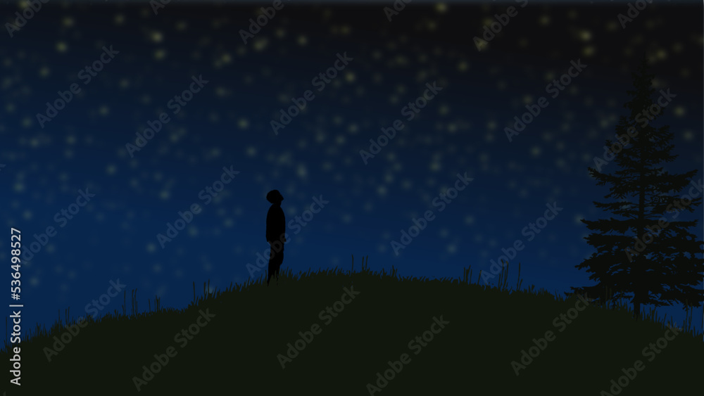 A person  stands on a hill next to a pine tree and looks up at the dark blue starry sky, vector illustration