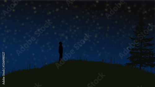 A person  stands on a hill next to a pine tree and looks up at the dark blue starry sky, vector illustration