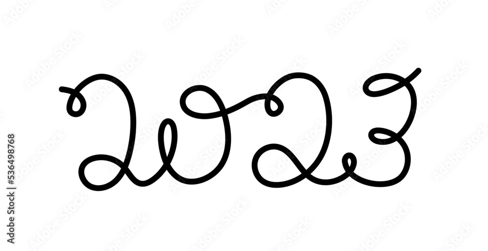 2023 Continuous one line drawing of a new year text. 2023 handwritten lettering. Celebration New Year concept isolated on white background. Text for greeting card design. Vector sketch illustration 2023 Continuous one line drawing of a new year text. 2023 handwritten lettering. Celebration New Year concept isolated on white background. Text for greeting card design. Vector sketch illustration