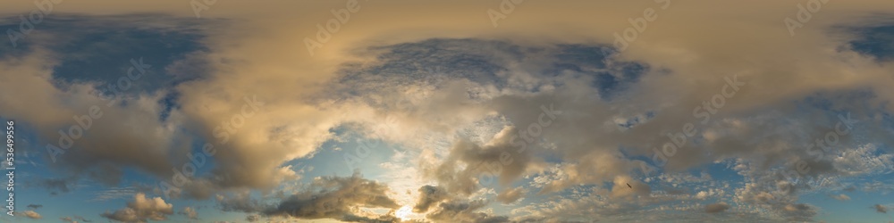 Fototapeta premium Dark blue sunset sky panorama with golden Cumulus clouds. Seamless hdr 360 panorama in spherical equirectangular format. Full zenith for 3D visualization, sky replacement for aerial drone panoramas.