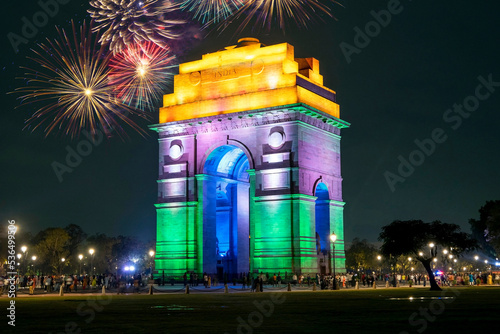 The India Gate or All India War Memorial with illuminated in New Delhi in India photo
