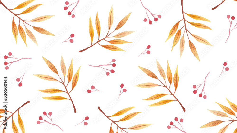 Watercolor background with ash and viburnum leaves. Ash yellow leaves watercolor illustration. Vector watercolor pattern with orange ash leaves.