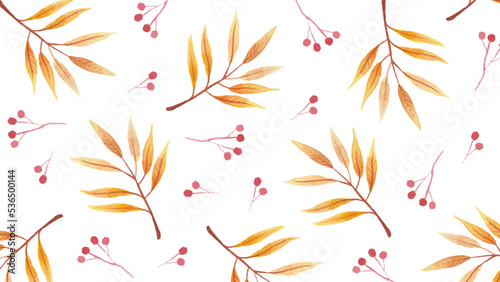 Watercolor background with ash and viburnum leaves. Ash yellow leaves watercolor illustration. Vector watercolor pattern with orange ash leaves.