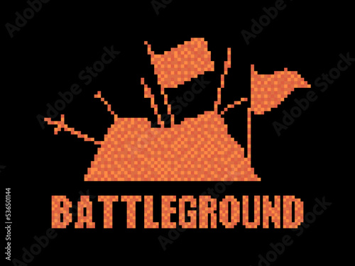 Medieval battleground in pixel art style. Battlefield in the style of 80s video game 8-bit graphics. After the battle. Design for greeting card, apps and posters. Vector illustration