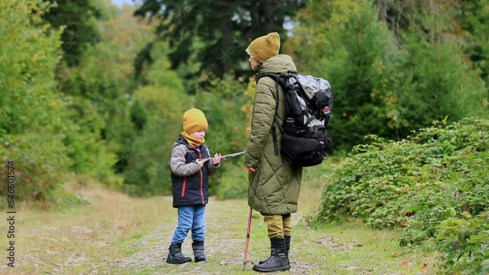 Young mother with son walking tracking in the mountains enjoying beautiful autumn nature. Healthy sport lifestyle activity. Back view. Traveling family life. Young mother with son walking tracking in the mountains enjoying beautiful autumn nature. Healthy sport lifestyle activity. Back view. Traveling family life.