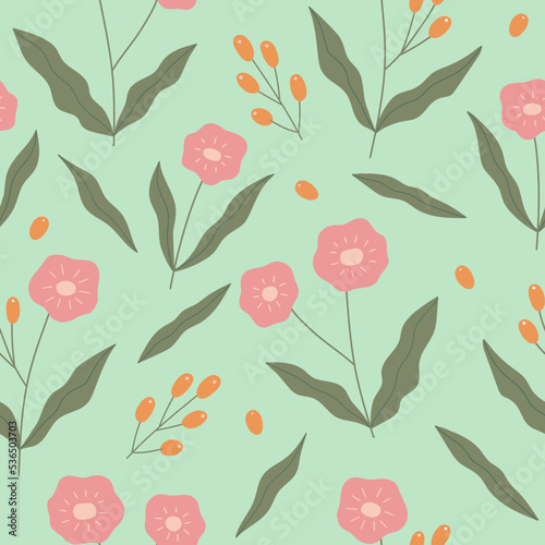 Vector floral seamless pattern. Cute wild flowers and berries on green background. Beautiful summer floral repeat background. Floral print design for textiles, wrapping paper, gift paper, fabric.