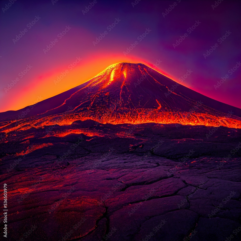 Volcanic eruption and lava. Active Volcano digital art