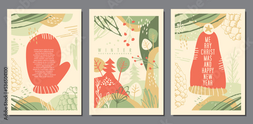 Winter landscapes and outdoor scenes templates perfect for greeting cards, flyers, covers and brochures. Retro Christmas cards set. Vector illustration.