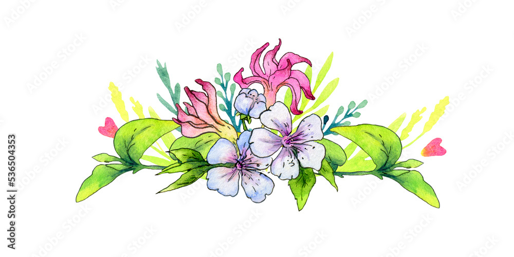 composition of watercolor hyacinth flowers, apple tree and green leaves on a white background.