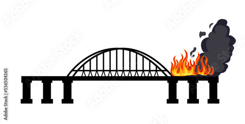 The bridge is on fire. Fire and clouds of smoke. Black silhouette of a bridge with an arch. Flat simple illustration.