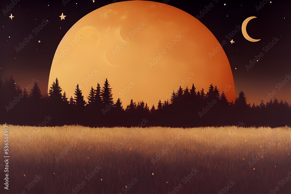 A full harvest moon shines over the fields. A full harvest moon shines over the fields.