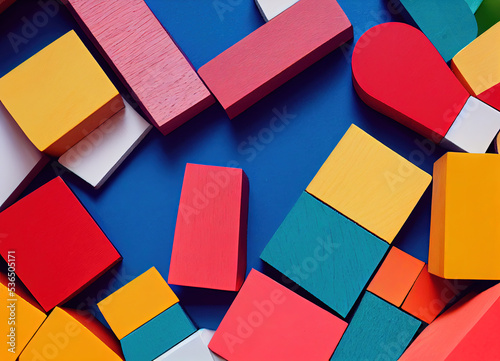 Colorful wood pieces representing diversity and inclusion on a blue background photo