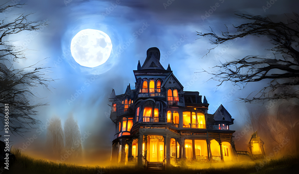 A haunted house beneath a full moon. Generative AI creation. - obrazy, fototapety, plakaty 