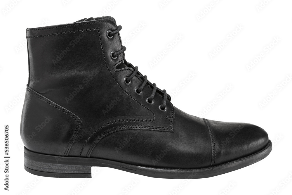 Black leather classic men's boot, on a white background, high lacing, isolate Black leather classic men's boot, on a white background, high lacing, isolate