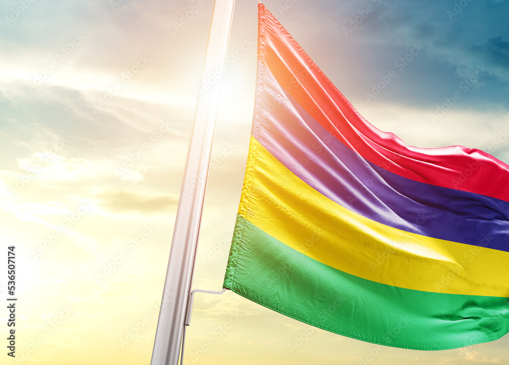 Mauritius national flag cloth fabric waving on the beautiful sunlight - Image