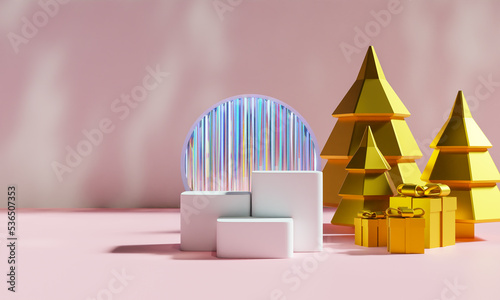 Christmas podium for branding and packaging presentation. Product display with gift boxes  Christmas showcase. Cosmetic and fashion. 3d rendering.