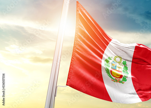 Peru national flag cloth fabric waving on the beautiful sunlight - Image