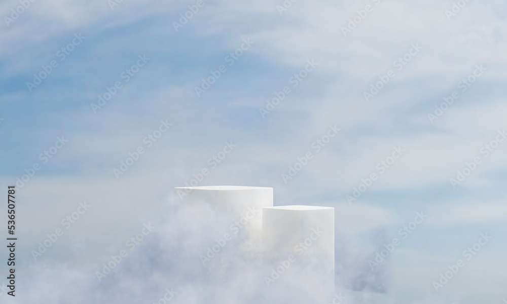 Fototapeta premium Podium with cloud and sky background advertising display. 3D rendering.