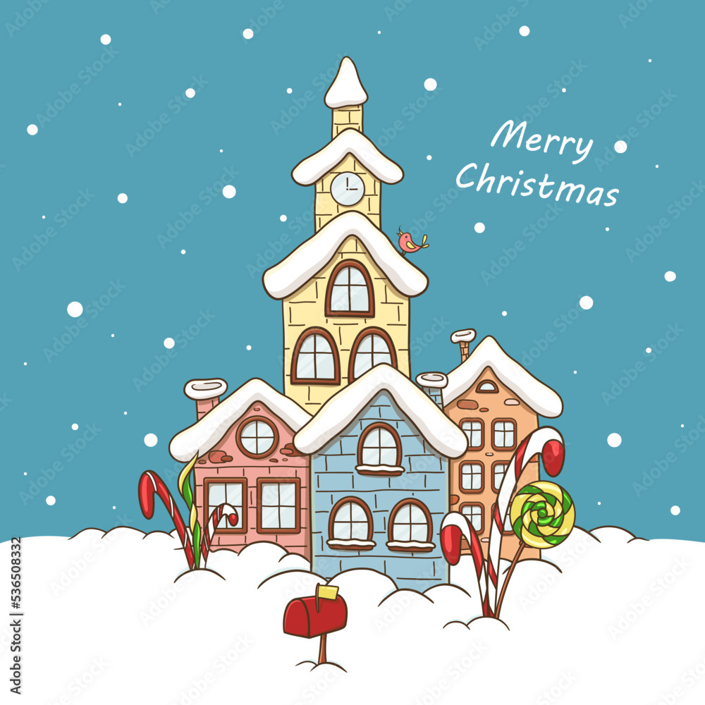 Snow houses. Dutch houses with Christmas lollipops and a mailbox. Snow drifts, snowflakes. Winter. A postcard with houses. Snow-covered gingerbread houses. Merry New Year and Merry Christmas. Vector