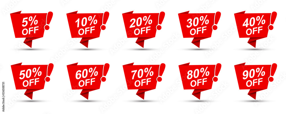 Sale of special offers. Discount set 10 20 30 40 50 60 70 80 90 percent. Bubble speech ad with a red label for an advertising campaign. Sale promotional marketing banner / poster. Special promo offer