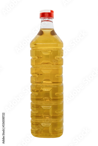 A plastic bottle of Wine vinegar. It is the result of two successive fermentation, alcoholic fermentation and acetic fermentation. Isolated on white background for mockup
