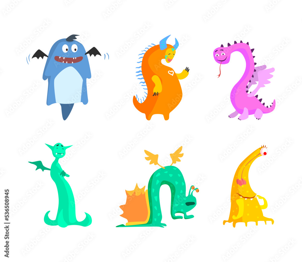 Cartoon Monsters with Horns and Wings Having Smiling and Friendly Snout Vector Set Cartoon Monsters with Horns and Wings Having Smiling and Friendly Snout Vector Set