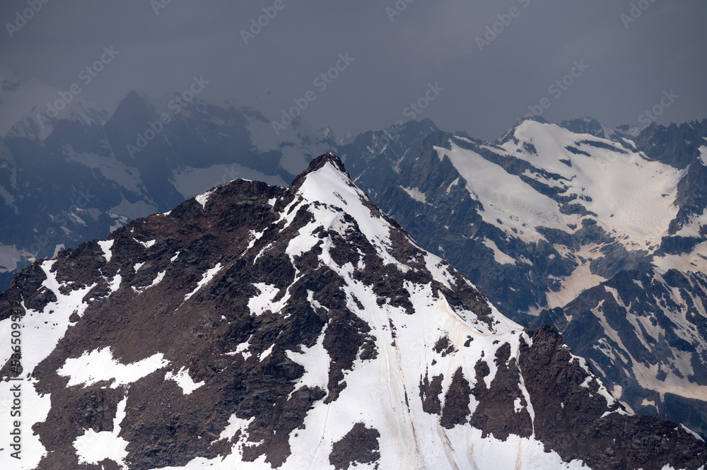 Winter mountain landscape with rocks and snow. Caucasus
