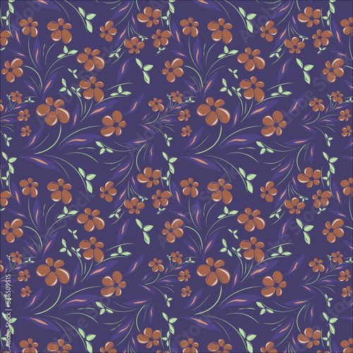 Seamless pattern of cyber grape, brown sugar, granny smith apple, languid lavender color flowers ,leaves and vines on cyber grape background. textile floral pattern, fabric print, wallpaper, wall art.