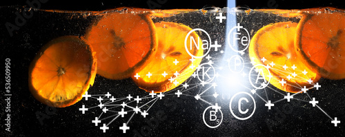 Fototapeta Naklejka Na Ścianę i Meble -  Water drops on ripe sweet orange. Fresh mandarin background with copy space for your text. Vegetarian concept.