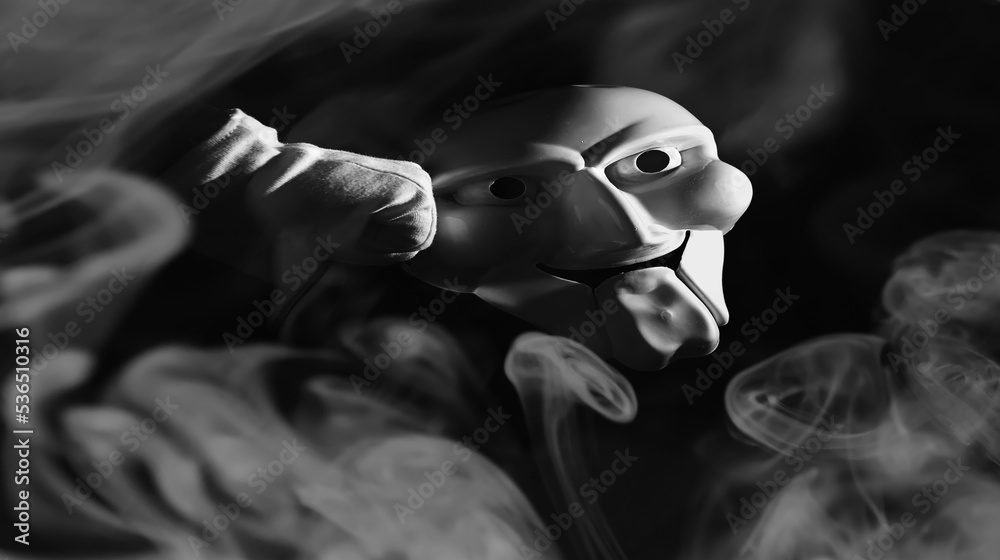 White scary mask on a black background with whites hand.