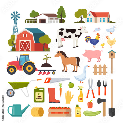 Different farm elements. Farm buildings, domestic animals, transport, inventory, harvest. Set of scenes and elements on farm theme. Vector illustration.